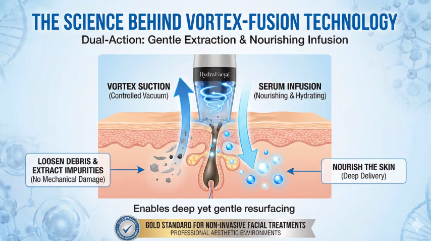 Hydrafacial technology infographic showing cleanse extract and hydrate steps