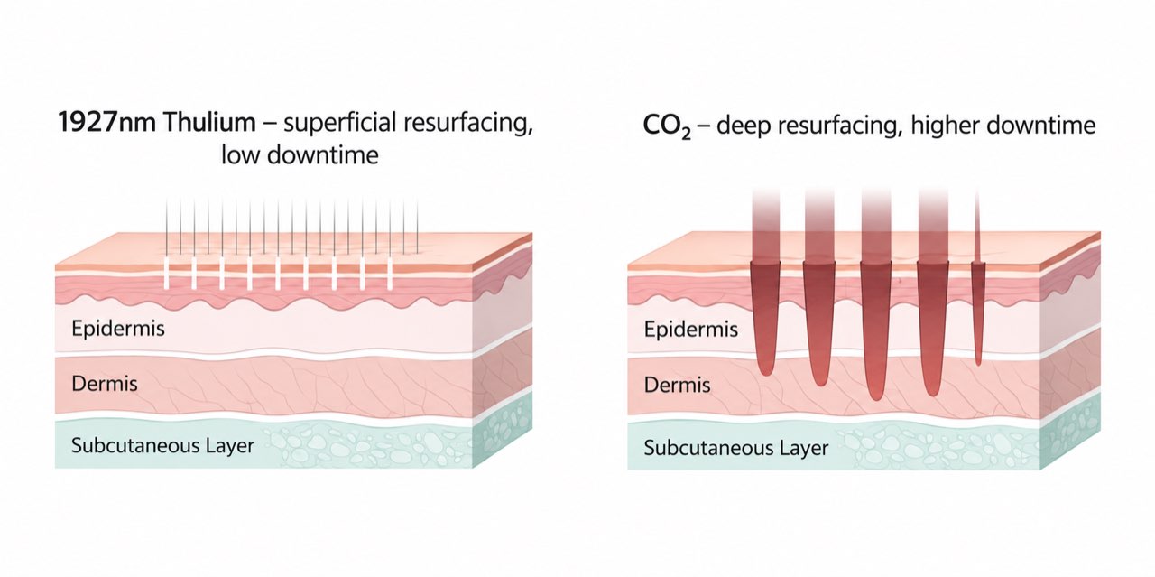 Skin-depth comparison showing superficial 1927 nm thulium resurfacing and deeper CO2 resurfacing